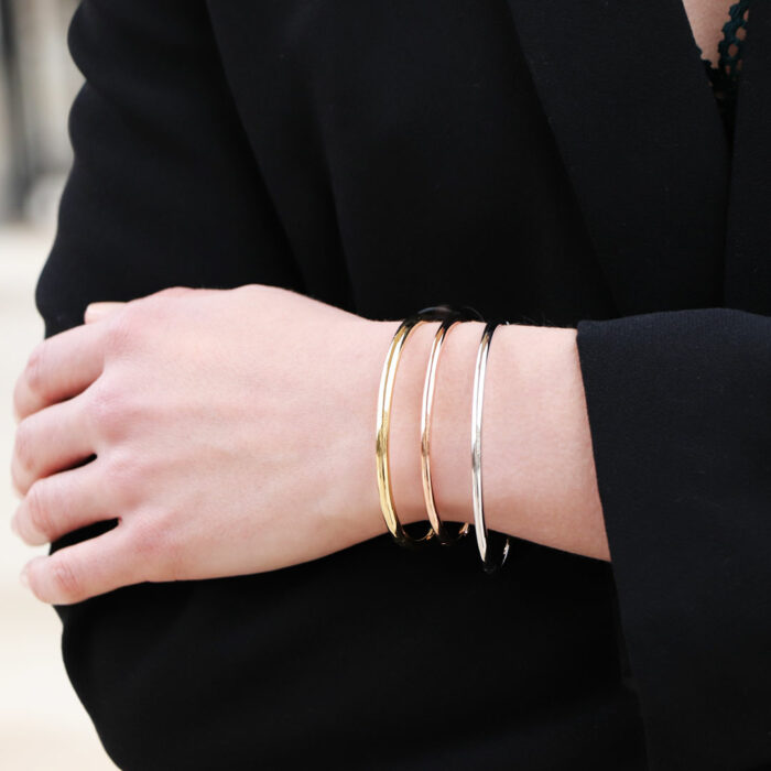 yellow white and rose gold bangles
